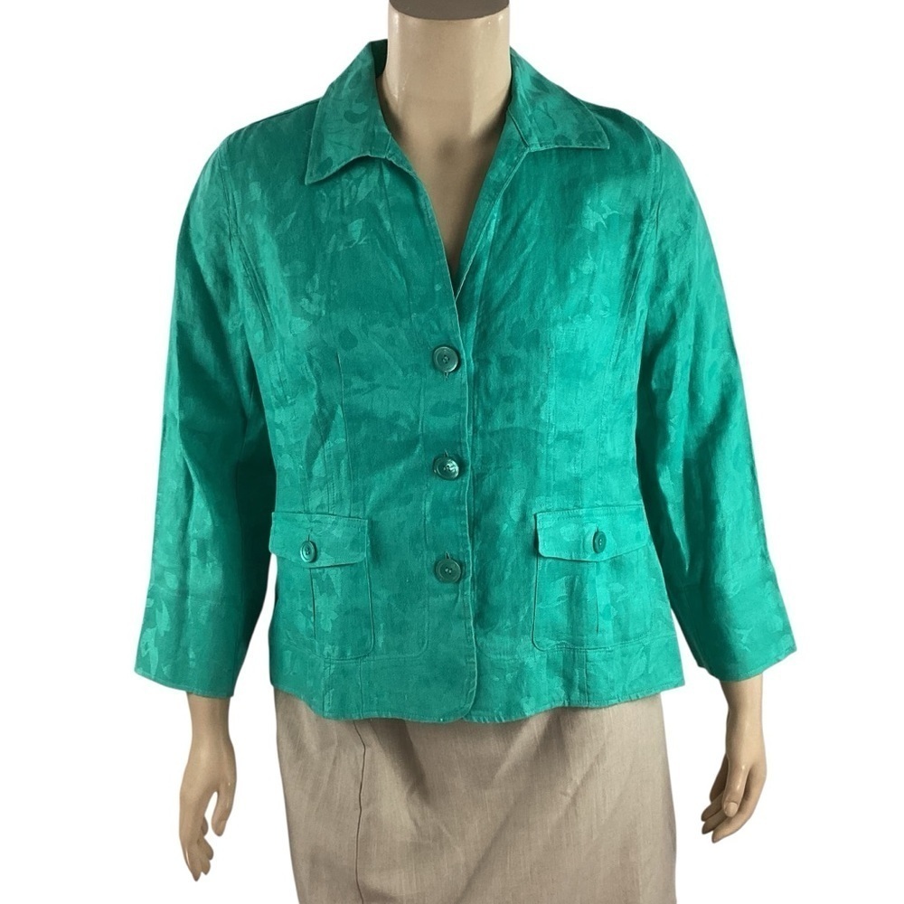 Jones New York Size 16 Green Linen 3-Button Cropped Blazer